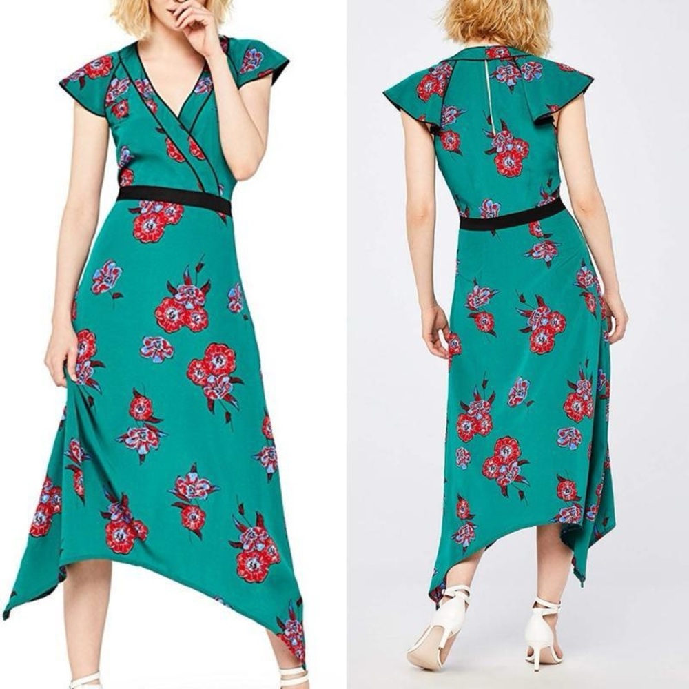 Teal Floral Wrap Midi Dress with Black Waistband
